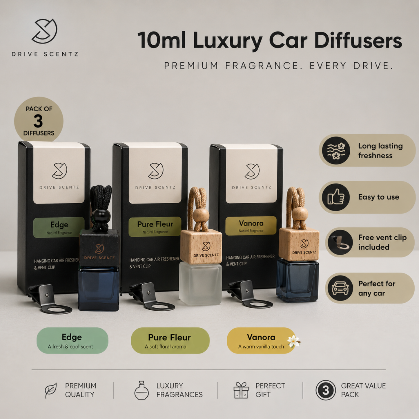 Edge, Vanora & Pure Fleur - Car Diffuser Set Fragance - Pack x 3